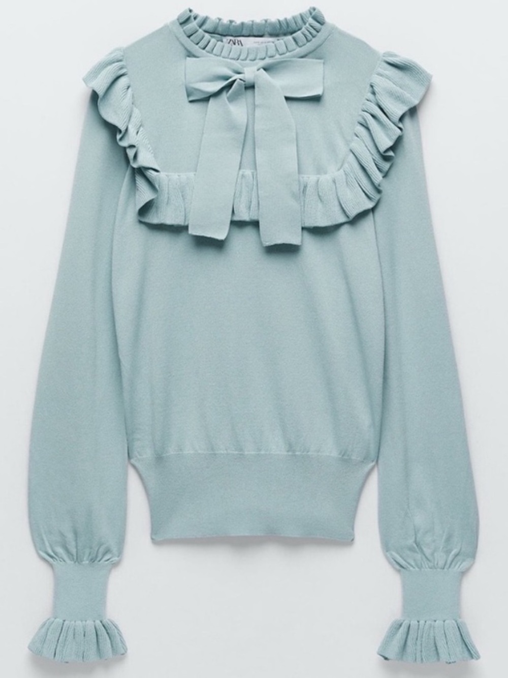 Zara Ruffle Knit Sweater Medium Sage Green/ Seafoam Tie-Neck Bow Long Sleeve Top